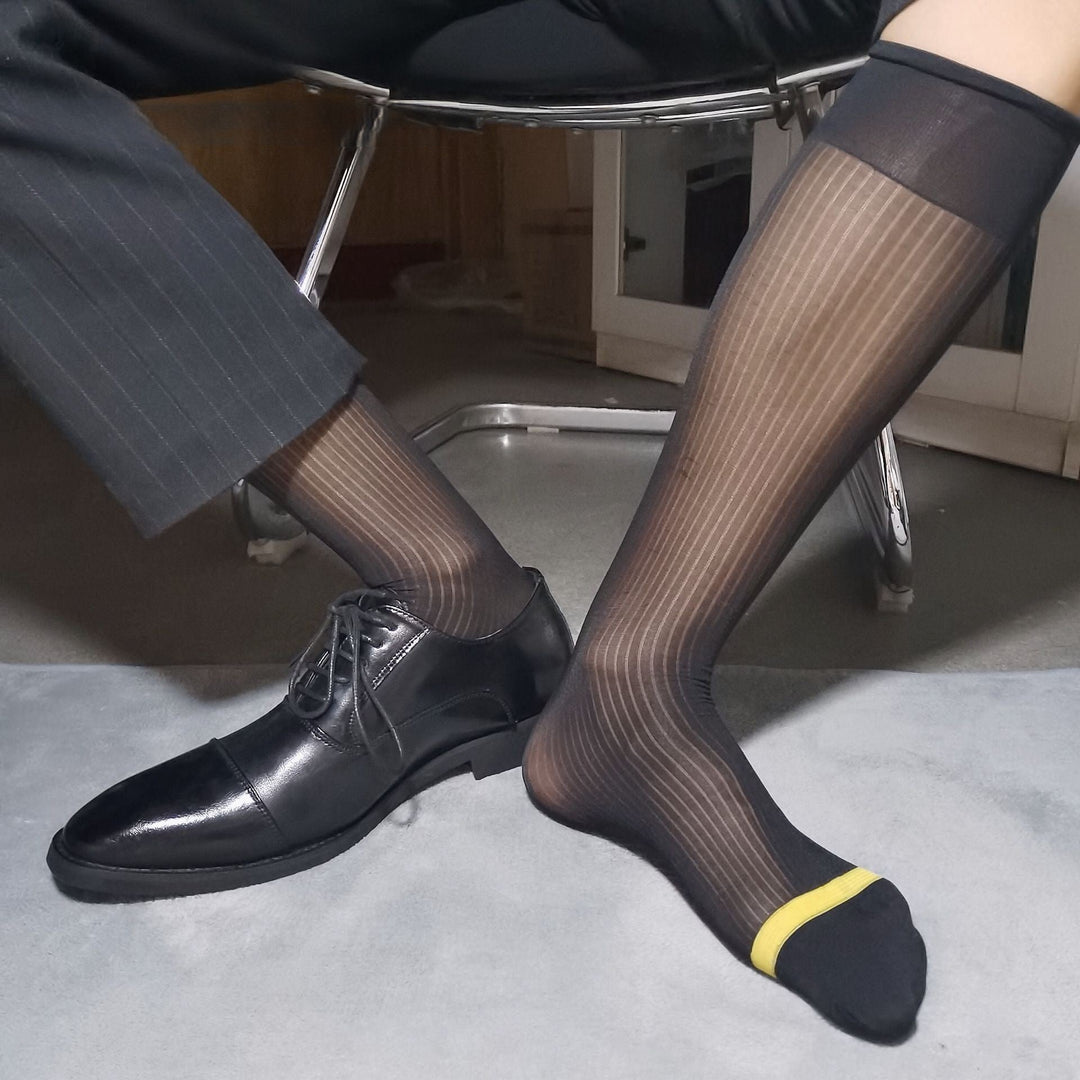 Gold Striped Black Fine-Striped Men's Business Dress Socks - Dapper Socks